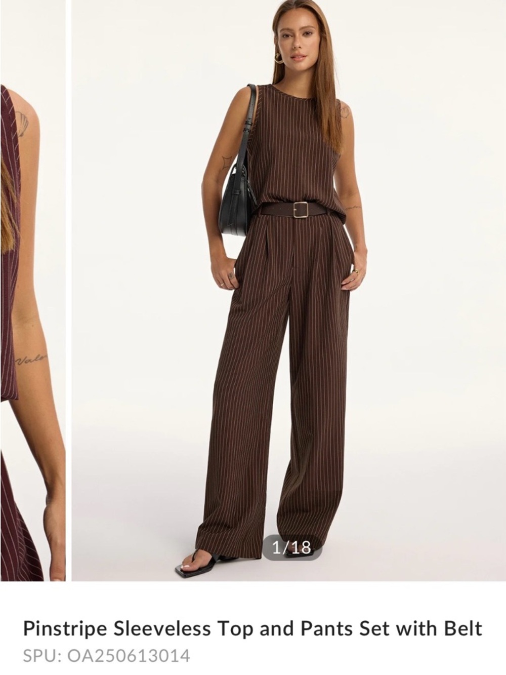 COMMENSE Sleeveless Pinstripe Set with Belt in Brown size XL